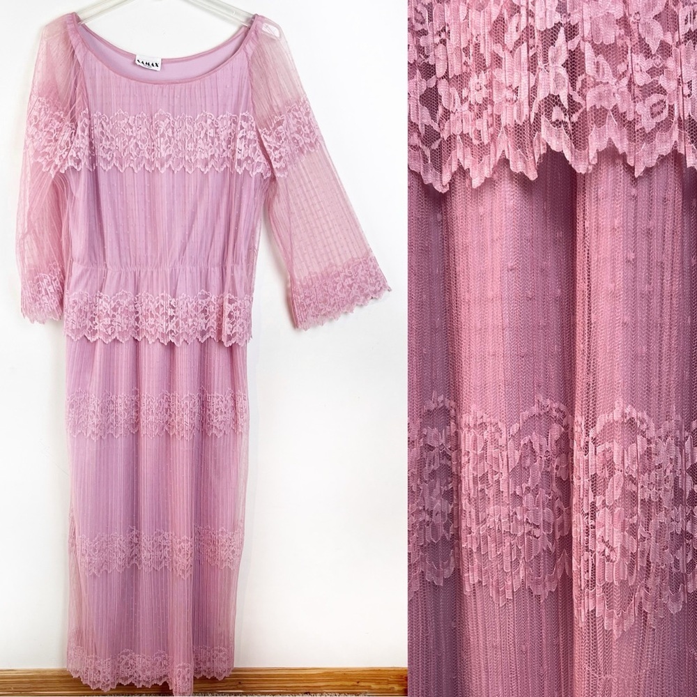 Vintage 80s Samax New York Pink Mesh Lace Overlay Dress Large Romantic Ethereal